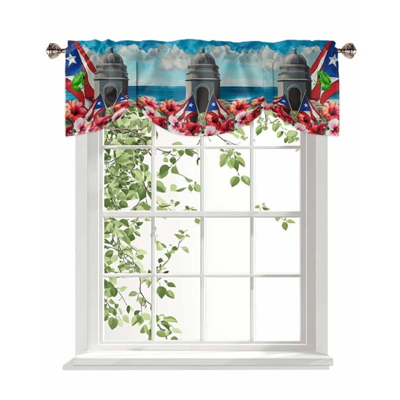 Puerto Rico Tie Up Valances Curtain, Adjustable Kitchen Flag Frog Star Stripes Architecture Althea Port Valances for Windows Decor, Rod Pocket Short Curtains Set for Bedroom/Bathroom, 54"x18"