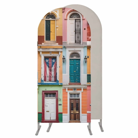 Puerto Rico Wedding Arch Cover, Stretchy Spandex Arch Backdrop Stand Covers 5 FT, Vintage Boho Style Door Gates Round Top Arched Backdrop Cover for Birthday Party Ceremony Baby Shower Event