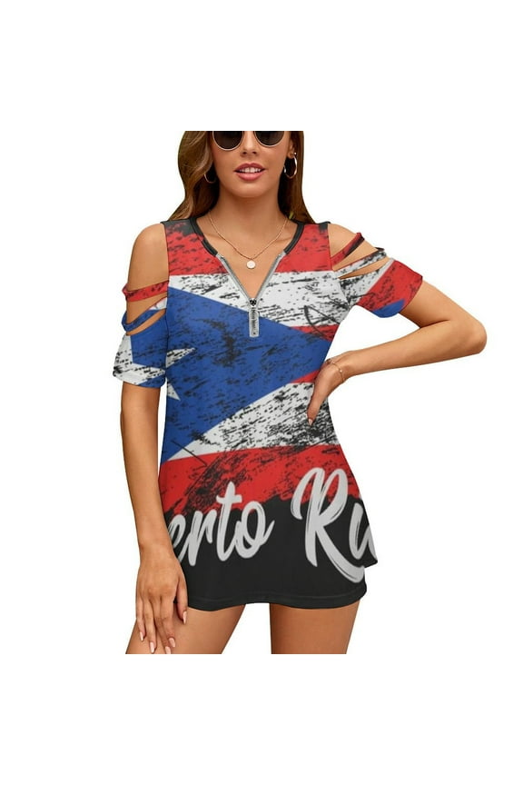 Puerto Rico Womens Summer V Neck Zipper Top Short Sleeve T Shirt Off Shoulder Top Casual Classy Loose Shirts