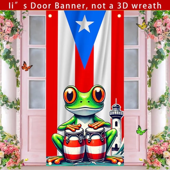 Puerto Rico door curtain banner, 71x35 inches in size, Puerto Rico flag Bongo drum frog lighthouse pattern front door decoration, Coqui frog pattern porch decoration, suitable for outdoor family part