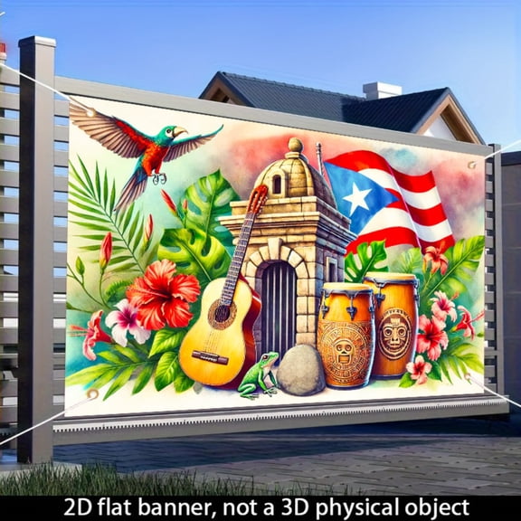 Puerto Rico flag castle guitar frog banner, indoor and outdoor party decoration background cloth, 71x43 inches, festival wall flag hanging, parrot bongo drum and hibiscus flower design, suitable for