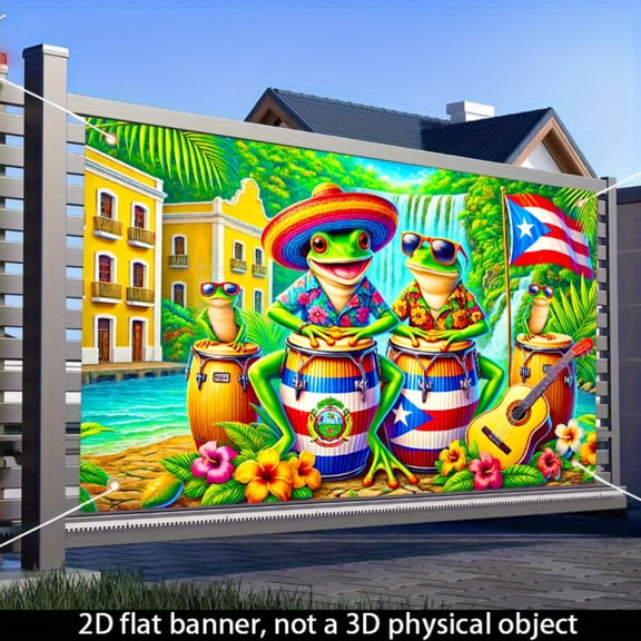 Puerto Rico flag frog Bongo drum banner, indoor and outdoor party decoration background cloth, 71x43 inches, festival wall flag hanging, tropical architecture and hibiscus flower guitar design, suita