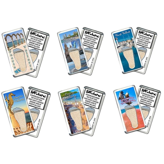 Puerto Vallarta FootWhere Souvenir Magnets. 6 Piece Set. (PV200 - Assorted)
