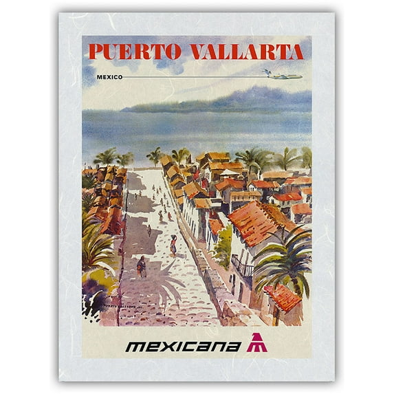 Puerto Vallarta Mexico - Mexicana Airlines (CMA-Compañía Mexicana de Aviación) - Vintage Airline Travel Poster by Ignacio Barrios c.1969 - Japanese Unryu Rice Paper Art Print (Unframed) 12 x 16 in