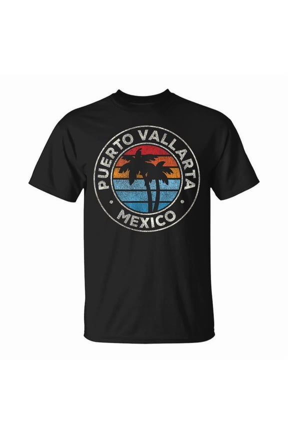 Puerto Vallarta Mexico Vintage Graphic Retro 70s Graphic Cotton Tee Unisex Adult Casual Travel Vacation T-Shirt, Size S, Color Black