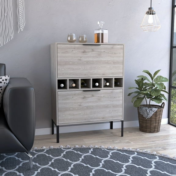 Puertu Light Gray Bar Cabinet with 6 Wine Cubbies & Double Door Storage - Durable Particle Board, 43.3" H, Ideal for Dining Room, Living Room, Kitchen & Home Bar - Elegant & Functional Wine Storage S