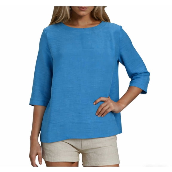 Linen Shirts for Women 3/4 Sleeve Crew Neck Pullover Tees Shirts Female Solid Color Loose Casual Summer T-Shirt