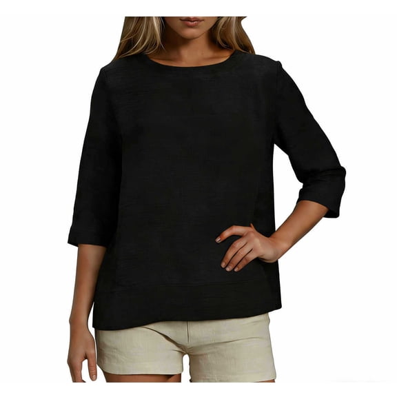 Linen Shirts for Women 3/4 Sleeve Crew Neck Pullover Tees Shirts Female Solid Color Loose Casual Summer T-Shirt