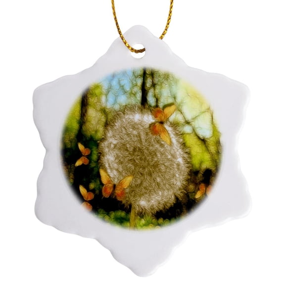 3drose, Puff Ball Dandelion, 3 inch Snowflake Porcelain Ornament