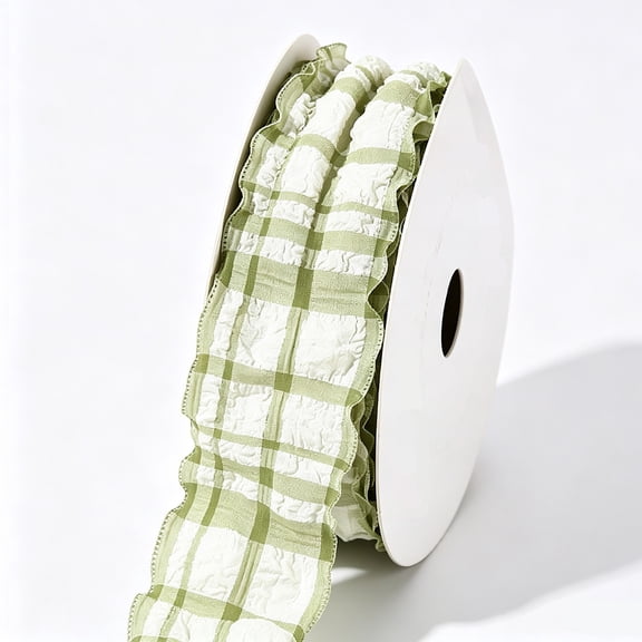 Puff Bubble Ruffled Gingham Fabric Ribbon 4cm x 10Y, Wavy Edge Plaid Decor Ribbon for Gift Packaging & Floral Arrangement