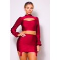 thumbnail image 1 of Puff Long Sleeve Front Cutout Turtleneck Blouse & Side Ruched Garter Mini Skirt Set, 1 of 5