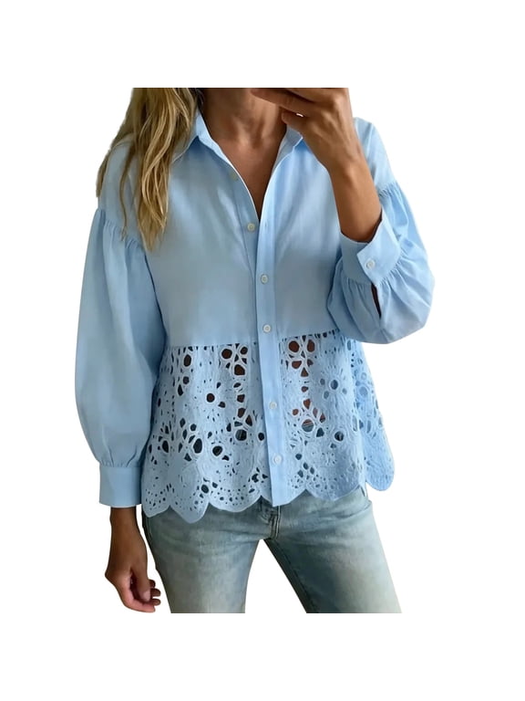 Puff Long Sleeve Shirts for Women,button Down Oversized Shirts for Women Casual Shirts for Women Business Blouses Lightweight Puff Long Sleeve Flowy Tops Lace Blouse Cute Tops,Light Blue,S