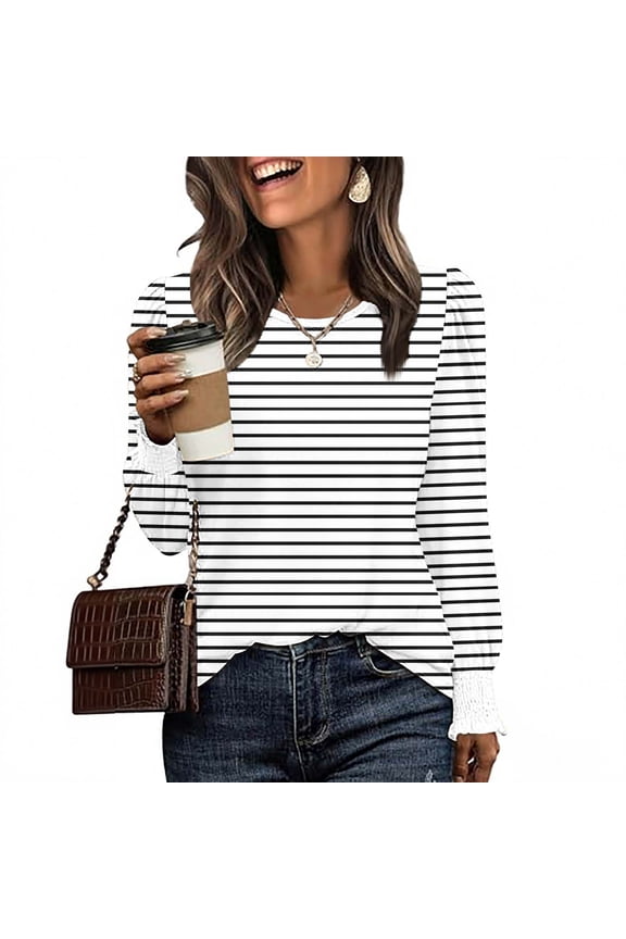 Puff Long Sleeve Shirts for Women Crewneck Fall Tops Dressy Casual Strip Blouses Early Fall Fashion