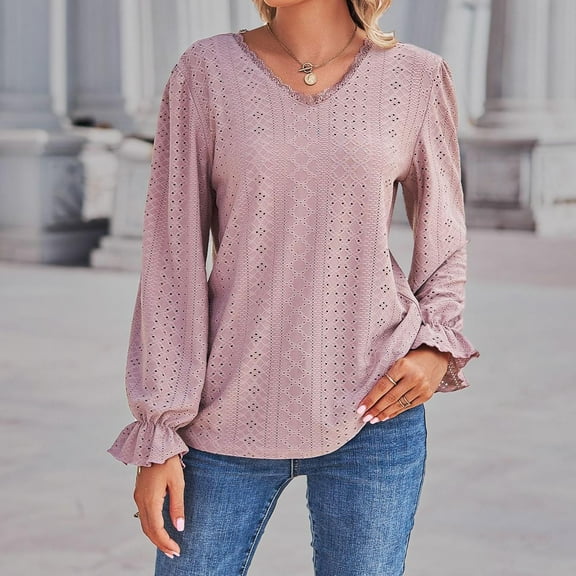 Puff Long Sleeve Shirts for Women Fall Fashion 2025 Lace V Neck Eyelet Tops Trendy Casual Business Blouses Pink L