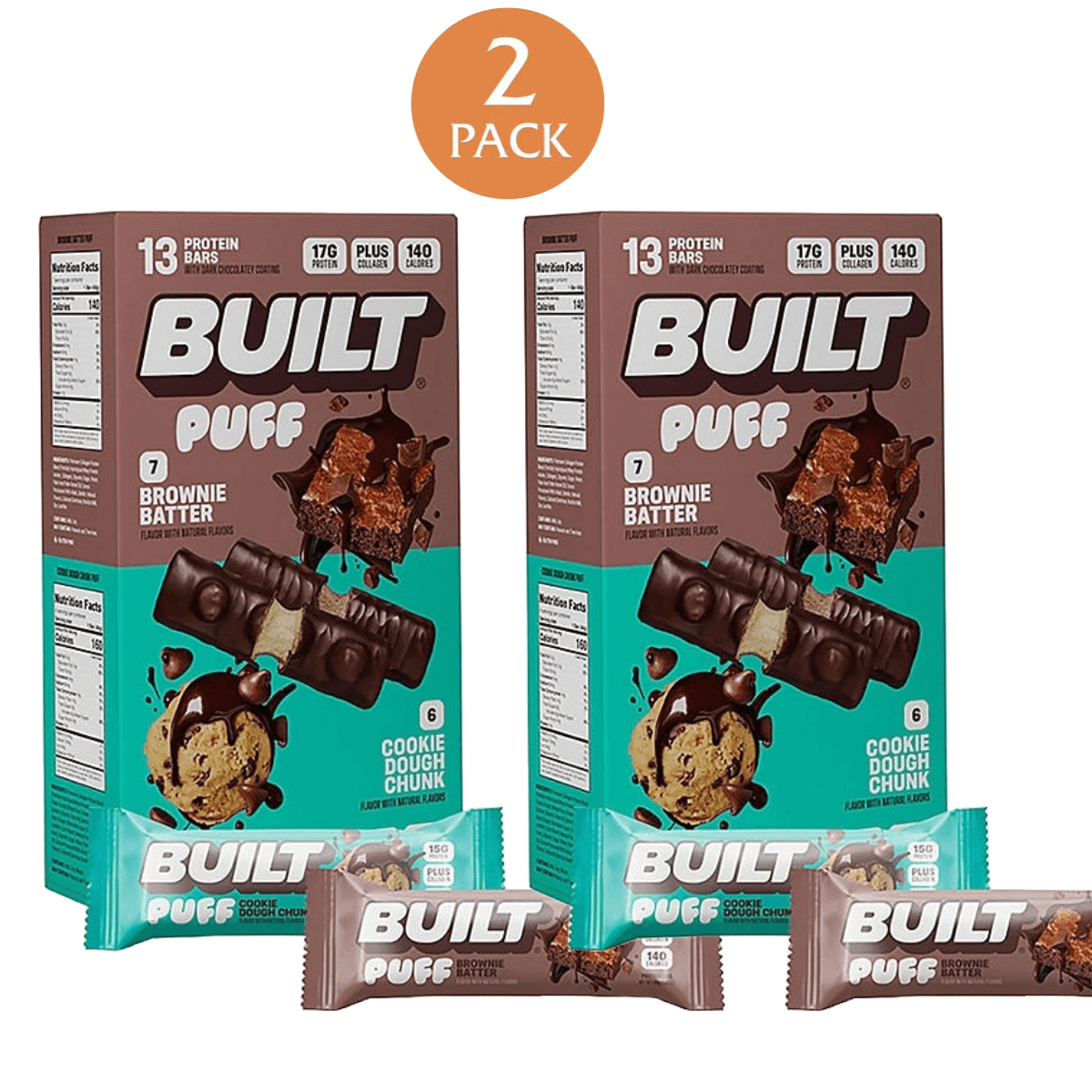 Puff Protein Bars,7 Brownie Batter, 6 Cookie Dough Chunk Flavor 17g Protein, Gluten Free, 19.2 oz 13 - 2 Pack