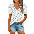 thumbnail image 1 of Puff Short Sleeve Blouse for Womens V Neck T Shirt Flower Printed Tops Loose Fitted Tees Dressy Casual Summer Tshirt Outdoor Sets Beach Travel Vacation Clothes, 1 of 5