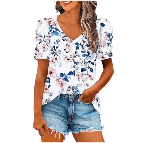 Puff Short Sleeve Blouse for Womens V Neck T Shirt Flower Printed Tops Loose Fitted Tees Dressy Casual Summer Tshirt Outdoor Sets Beach Travel Vacation Clothes