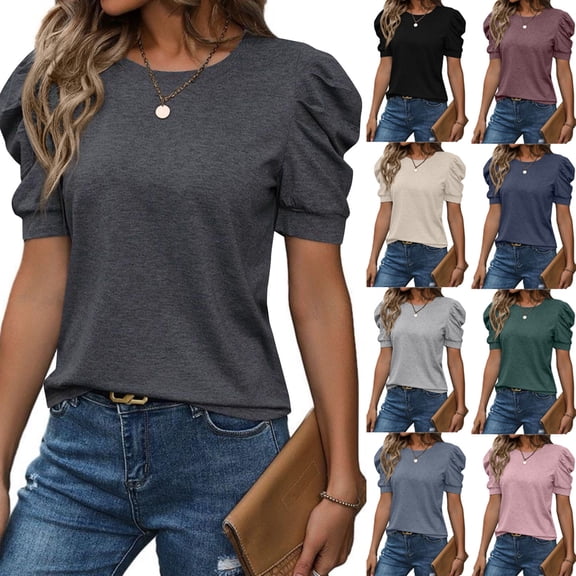 Puff Short Sleeve Blouse for Women Tops Trendy Spring Summer 2025 Business Casual Outfits Crewneck Shirt Blouses Pink S