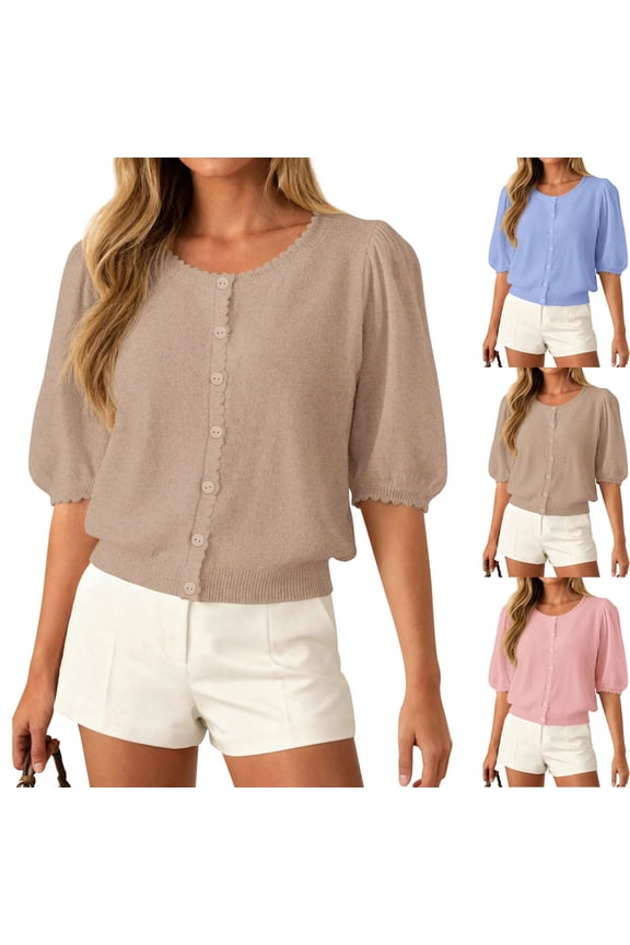Puff Short Sleeve Button Down Cardigans for Women Lightweight Knit Casual Summer Sweater Tops Comfy Crew Neck Breathable Shirts, #01 Khaki, L