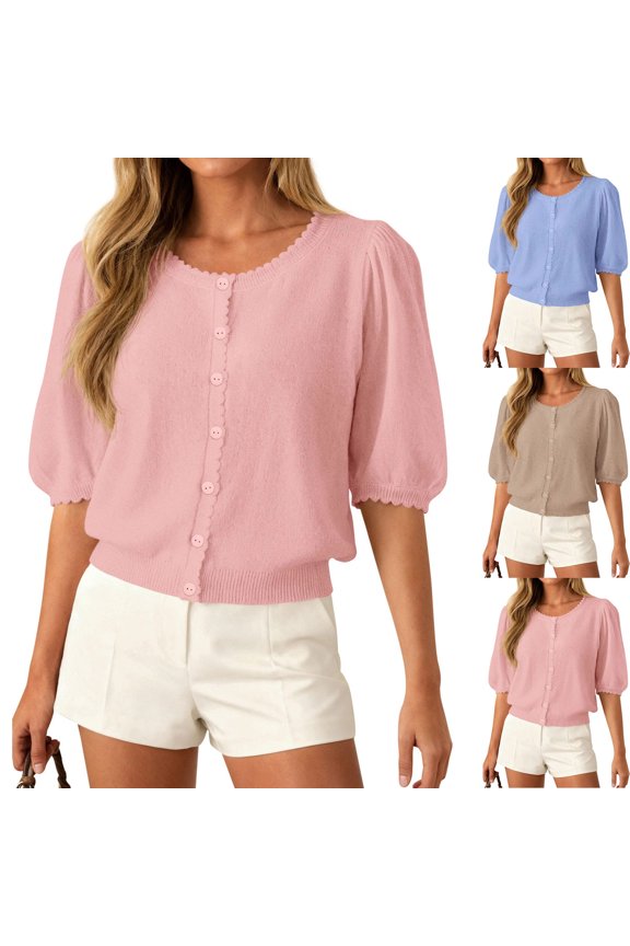 Puff Short Sleeve Button Down Cardigans for Women Lightweight Knit Casual Summer Sweater Tops Comfy Crew Neck Breathable Shirts, #01 Pink, XXL