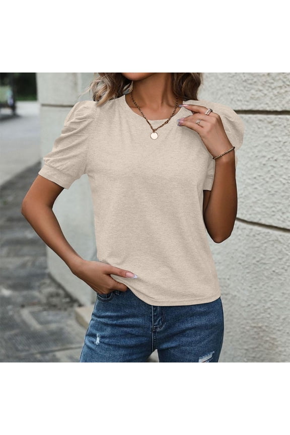 Puff Short Sleeve Shirt for Women Eyelet Tops Summer Crewneck Blouse Loose Fit Beige M
