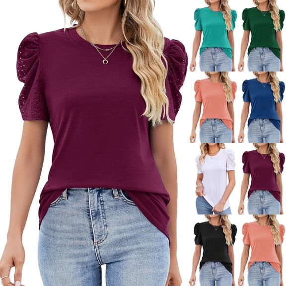 Puff Short Sleeve Shirt for Women Eyelet Tops Summer Crewneck Blouse Loose Fit Green L