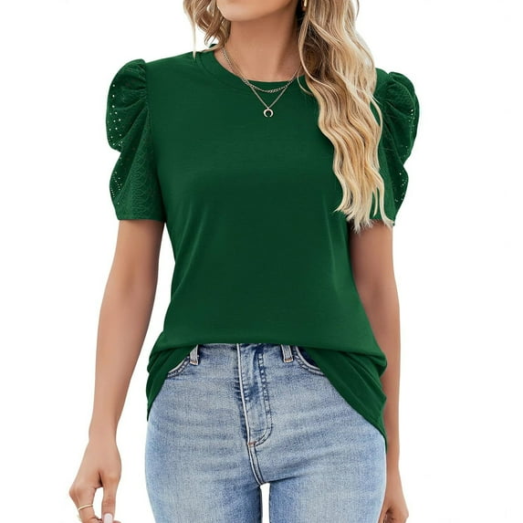 Puff Short Sleeve Shirt for Women Eyelet Tops Summer Crewneck Casual Loose Fit Blouse Dark Green 2XL