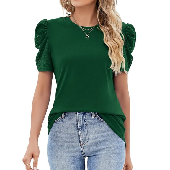 Puff Short Sleeve Shirt for Women Eyelet Tops Summer Crewneck Casual Loose Fit Blouse Dark Green 2XL