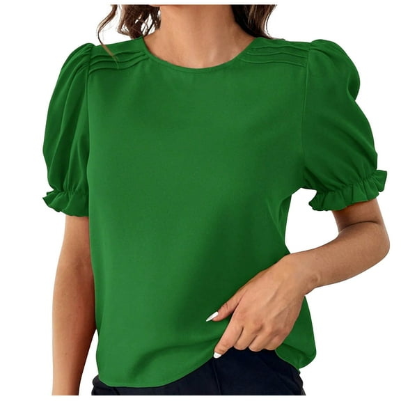 Puff Short Sleeve Tops for Women Summer Crew Neck Shirt Fashion Solid Color Loose Fit Casual Soft Shirts (Green M)