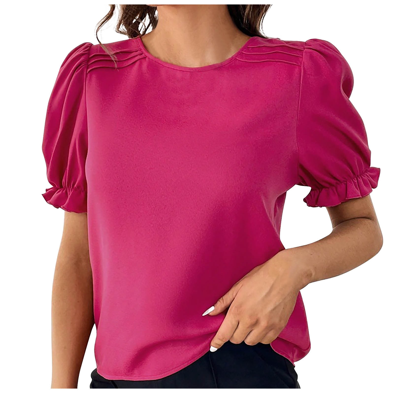 Puff Short Sleeve Tops for Women Summer Crew Neck Shirt Fashion