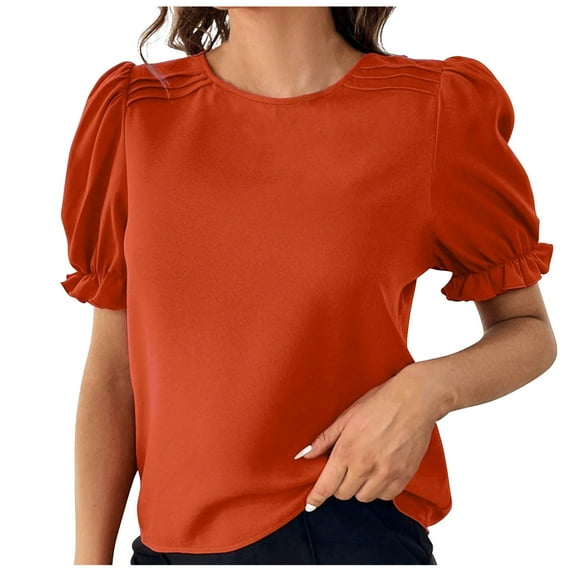 Puff Short Sleeve Tops for Women Summer Crew Neck Shirt Fashion Solid Color Loose Fit Casual Soft Shirts (Orange L)