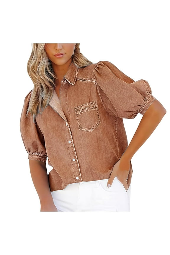 Puff Sleeve Blouse for Women Button Down Casual Shirts Summer Short Sleeve Collared Tops with Pocket
