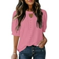 thumbnail image 1 of Puff Sleeve Blouse for Women Casual Summer Ladies Tops Cozy Breathable Eyelet Dressy Tops New Arrivals Hot Pink 2XL, 1 of 9