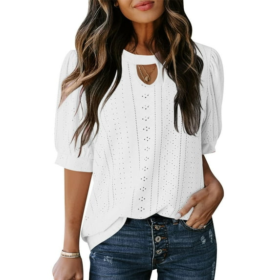 Zunfoe Puff Sleeve Blouse for Women Casual Summer Ladies Tops Cozy Breathable Eyelet Dressy Tops New Arrivals White XL