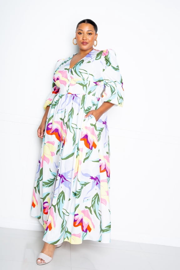 Puff Sleeve Button Front Dress 3XL