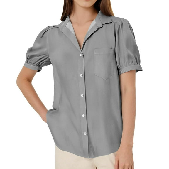 Puff Sleeve Button down Shirts for Women - Lapel Design, Casual & Work Blouses with Pockets | Yubnlvae (Grey | M)