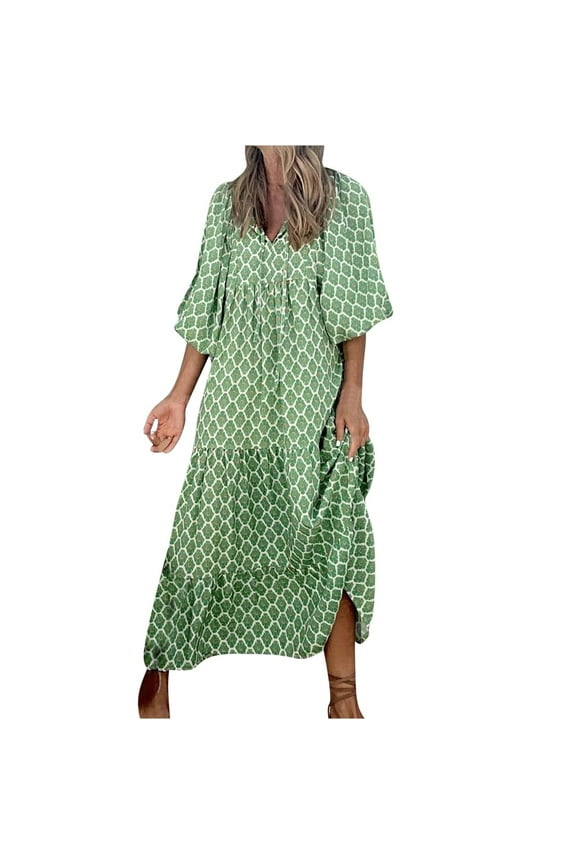 Puff Sleeve Dress Women Loose Casual V Neck Floral Print Holiday Sundress Plus Size Tiered Maxi Long Dress XS-5XL (4X-Large, Mint Green)