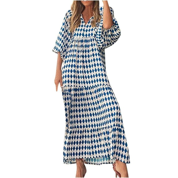 Puff Sleeve Dress Women Loose Casual V Neck Floral Print Holiday Sundress Plus Size Tiered Maxi Long Dress XS-5XL (Medium, Blue)