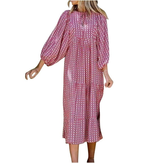 Puff Sleeve Dress Women Loose Casual V Neck Floral Print Holiday Sundress Plus Size Tiered Maxi Long Dress XS-5XL (Small, Red 01)