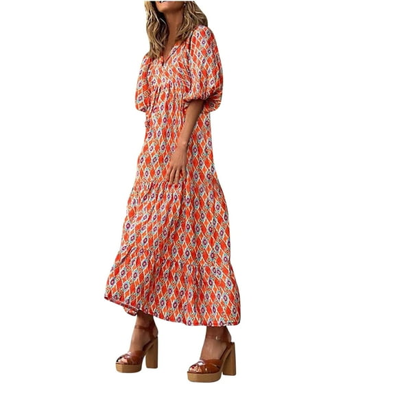 Puff Sleeve Dress Women Loose Casual V Neck Floral Print Holiday Sundress Plus Size Tiered Maxi Long Dress XS-5XL (X-Large, Red)