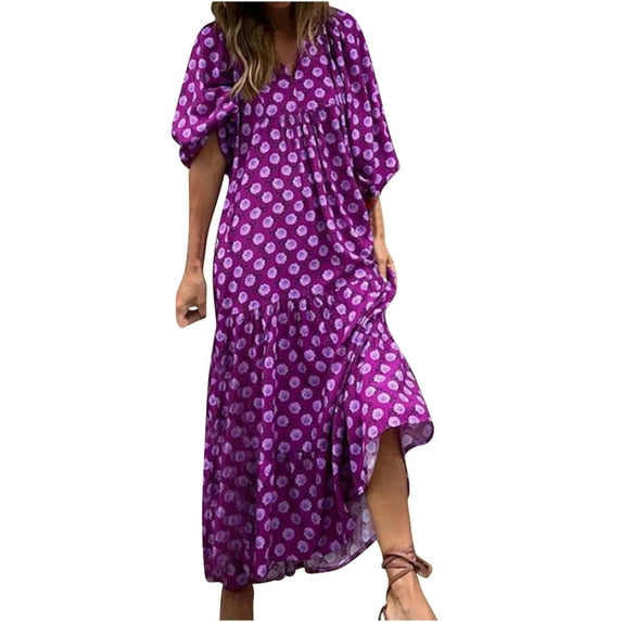 Puff Sleeve Dress Women Loose Casual V Neck Floral Print Holiday Sundress Plus Size Tiered Maxi Long Dress XS-5XL (X-Small, Purple)
