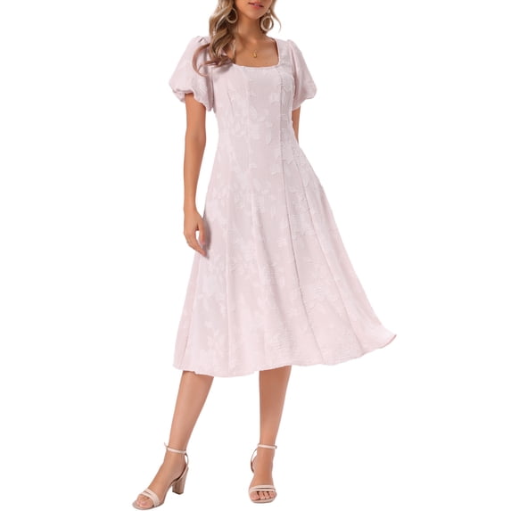 Puff Sleeve Dress for Women's Square Neck Summer Smocked Wedding A Line Midi Dresses with Pockets S Pink