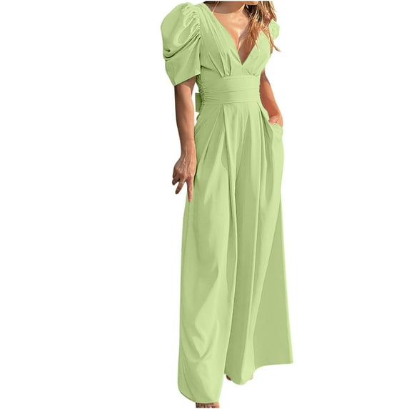 Puff Sleeve Jumpsuits for Women Dressy Sexy Deep V Neck Wide Leg Romper One Piece Formal Business Party Long Pants