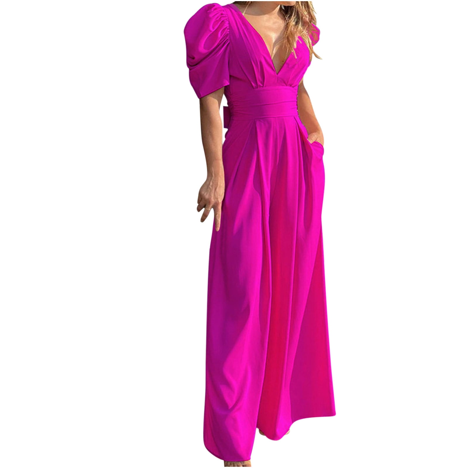 Puff Sleeve Jumpsuits for Women Dressy Sexy Deep V Neck Wide Leg Romper One Piece Formal Business Party Long Pants
