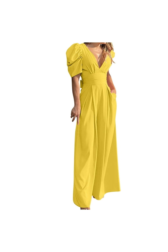 Puff Sleeve Jumpsuits for Women Dressy Sexy Deep V Neck Wide Leg Romper One Piece Formal Business Party Long Pants