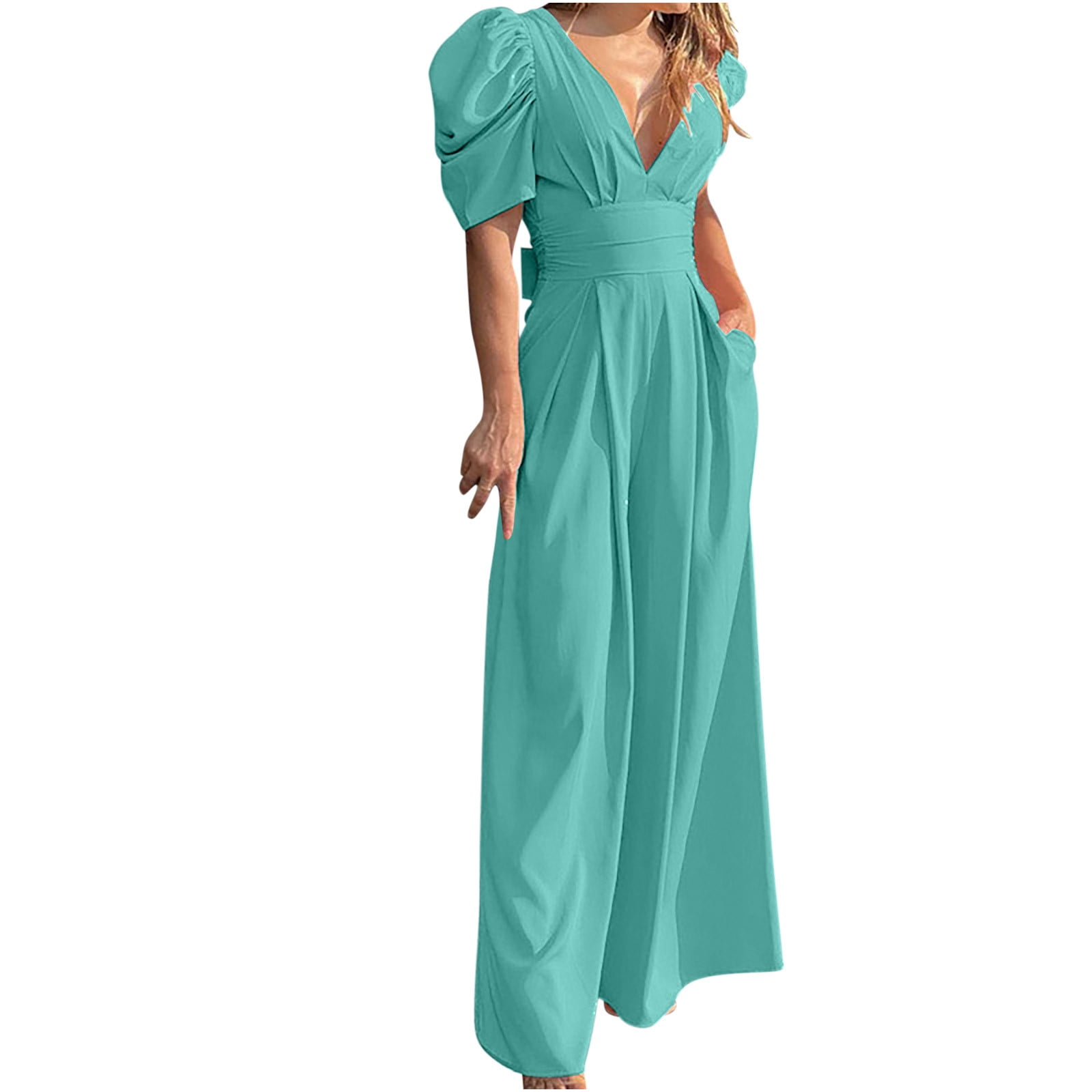 Puff Sleeve Jumpsuits for Women Dressy Sexy Deep V Neck Wide Leg Romper One Piece Formal Business Party Long Pants