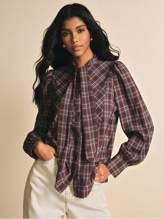 Puff Sleeve Plaid Top with Tie Neck Detail and Button Down Front