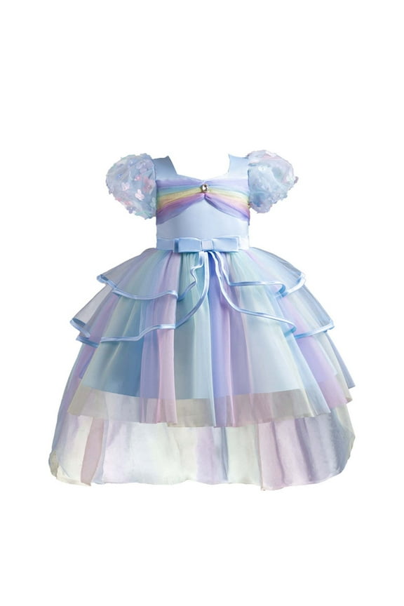 Puff Sleeve Princess Dresses for Little Girl Mesh Puffy Dress Cute Bow Toddler Girls Birthday Party Dress