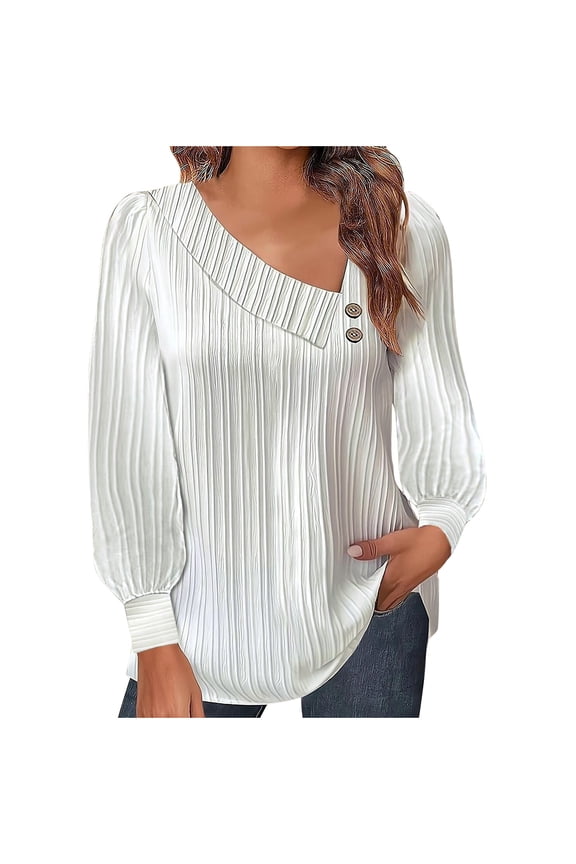 Puff Sleeve Tops Irregular V Neck Long Sleeve Shirts for Women Dressy Casual Pure Color Pleated Blouses Tees (M, White)