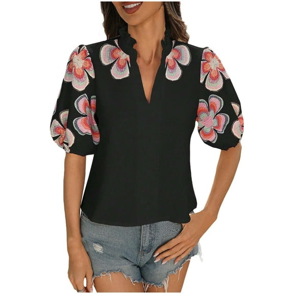Puff Sleeve Tops Womens Embroidered Flower Pattern Short Sleeve V Neck Dressy Casual Shirt Summer Boho Clothes (2XL, Black)